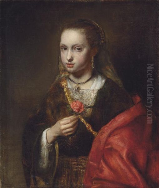 Portrait Of A Lady In A Black Dress And Red Shawl, Holding A Flower Oil Painting by Abraham Van Dyck