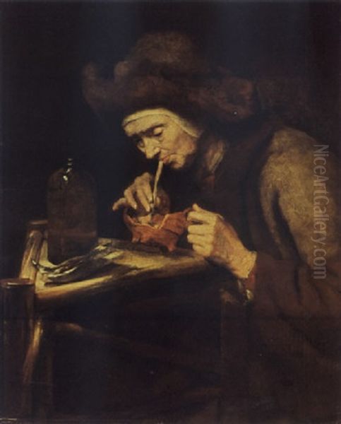 An Elderly Woman Smoking A Pipe Oil Painting by Abraham Van Dyck