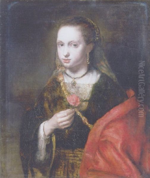 A Young Woman In A Brown Dress With A Red Mantle, A Rose In Her Right Hand Oil Painting by Abraham Van Dyck