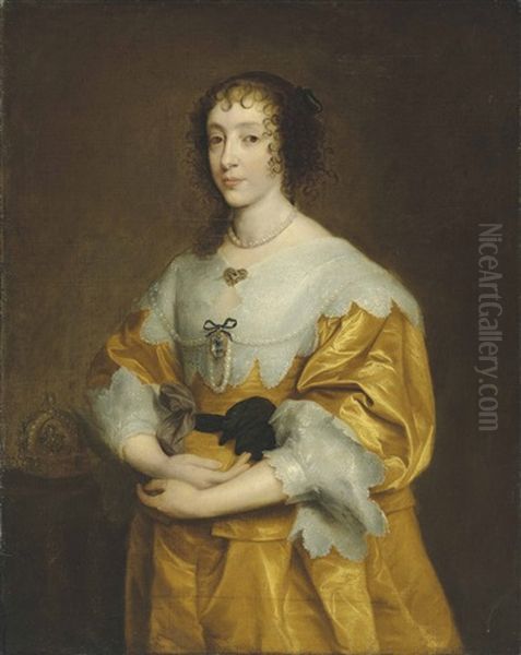 Portrait Of Queen Henrietta Maria (1609-1669), Three-quarter-length, In A Gold Satin Dress And Lace Collar And Cuffs Oil Painting by Anthony Van Dyck