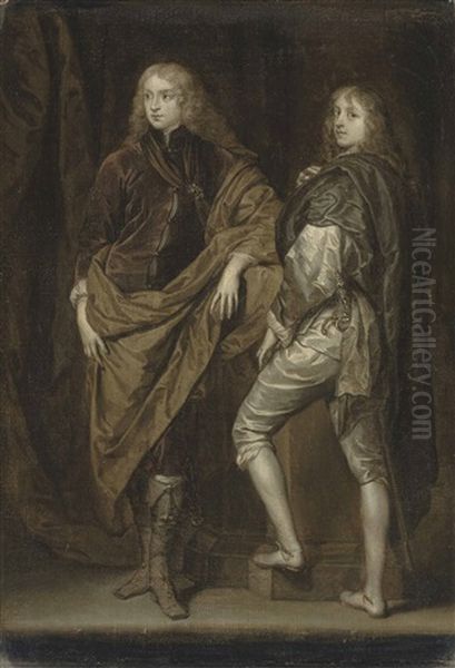 Double Portrait Of Two Young Gentlemen, Traditionally Identified As Lord John Stuart (1621-1644) And His Brother, Lord Bernard Stuart (1623-1645), Small Full-length - En Grisaille Oil Painting by Anthony Van Dyck