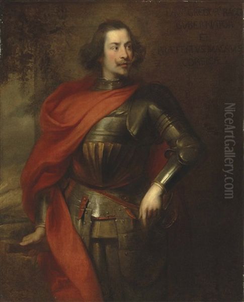 Portrait Of Paolo Gregorio Raggi, Three-quarter-length, In Armour And A Red Cloak, His Left Hand Resting On The Hilt Of His Sword, A Wooded Landscape Beyond Oil Painting by Anthony Van Dyck