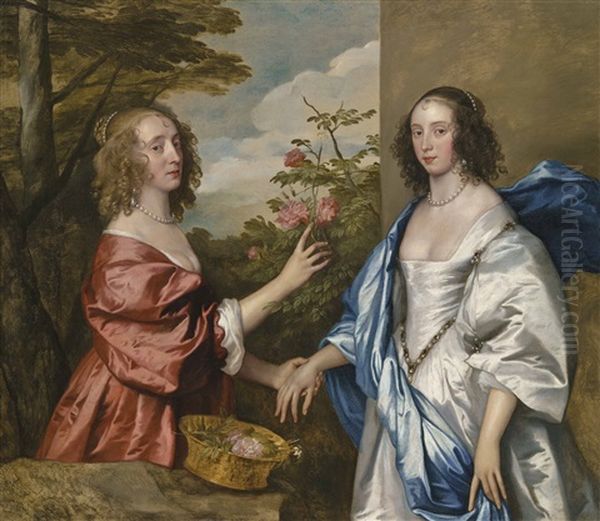 The Cheeke Sisters: Essex, Countess Of Manchester (d. 1658), And Anne, Lady Rich (d. C. 1655), Three-quarter-length, In A Landscape Oil Painting by Anthony Van Dyck