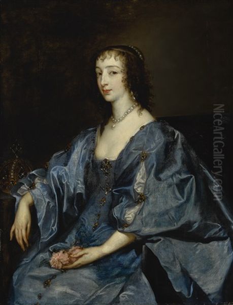 Portrait Of Queen Henrietta-maria, Three-quarter Length, Seated, In A Blue Dress Oil Painting by Anthony Van Dyck