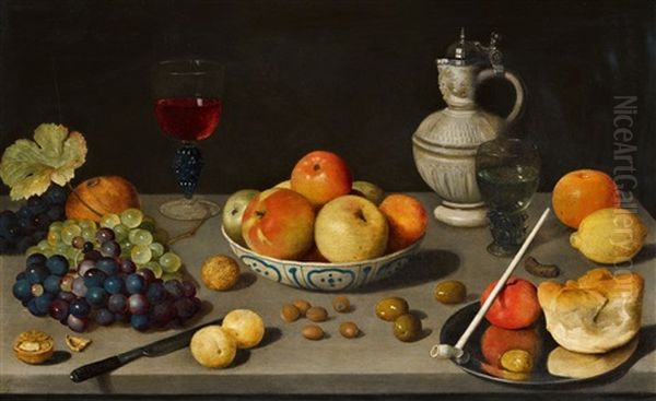 Still Life With Grapes, Apples, Nuts, Olives, Wine Glasses, And A Siegburg Pitcher Oil Painting by Floris Claesz van Dyck