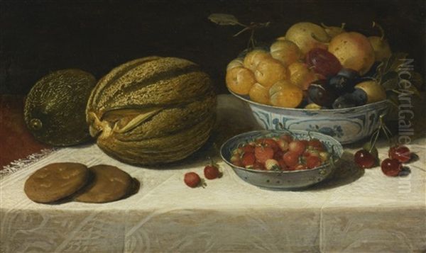 Still Life With Melons, Plums, Cherries, And Bread On A Table Draped With A White Damask Tablecloth Oil Painting by Floris Claesz van Dyck