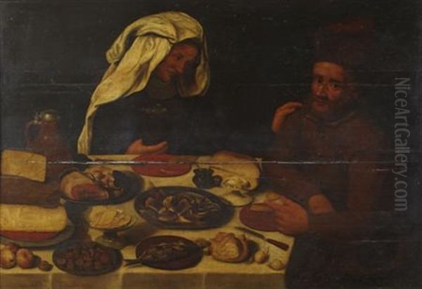 A Still Life Of A Man And Woman Seated At A Food Laden Table by Floris Claesz van Dyck