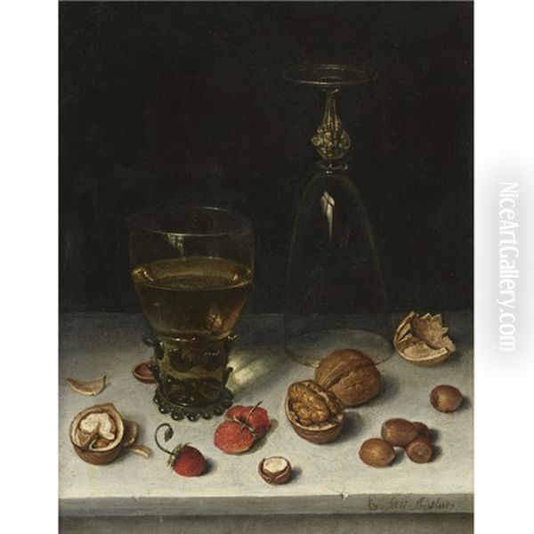 Still Life Of Walnuts, Hazelnuts, Strawberries, A Roemer And An Overturned Wine Glass, All Resting On A Table Oil Painting by Floris Claesz van Dyck