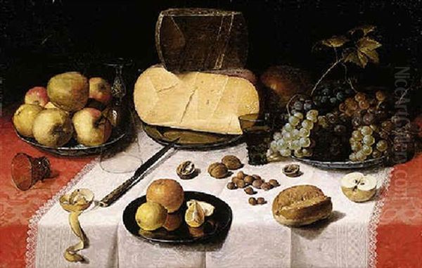 An Uitgestald Still Life Of Pears, Apples, Grapes And Other Fruits And Objects, On A Table Draped With A Red Damask Cloth Oil Painting by Floris Claesz van Dyck