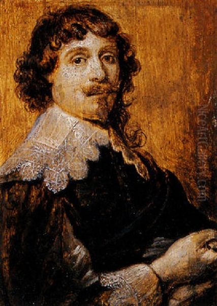 A Portrait Of A Bearded Man Wearing A Black Coat With Lace Collar And Sleeves, And Holding Gloves In His Right Hand Oil Painting by Floris Claesz van Dyck