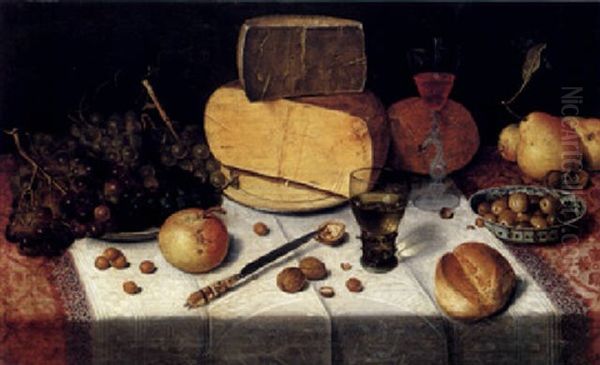 An Uitgestald Still Life Of Grapes And Cheese On Pewter Plates, A Roemer, A Wineglass, Pears, Olives In A Porcelain Bowl, A Bread Roll, On A Table Draped With A Red Damask Cloth And White Lace-trimmed Oil Painting by Floris Claesz van Dyck