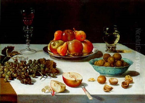 Nature Morte A La Coupe De Fruits, Assiette De Noix Et Verres Disposes Sur Un Entablement Oil Painting by Floris Claesz van Dyck