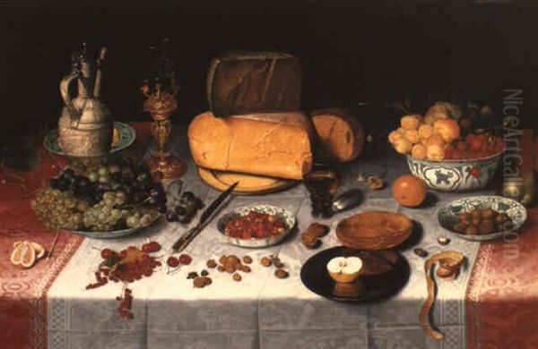 Uitgestald Still Life Of Fruit And Olives In Bowls With Cheese On A Table Oil Painting by Floris Claesz van Dyck