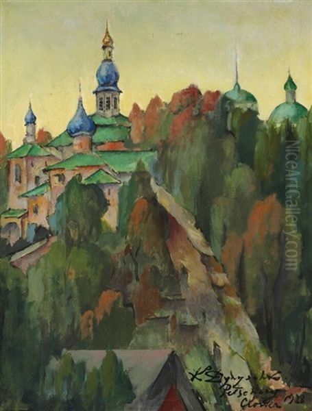 View From Pechory Monastary At Pskov Oil Painting by Konstantin Vikent'evich Dydyshko