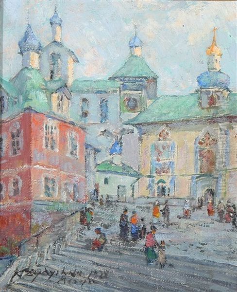 Russian View From Pechory With Pechersky Monastary Oil Painting by Konstantin Vikent'evich Dydyshko