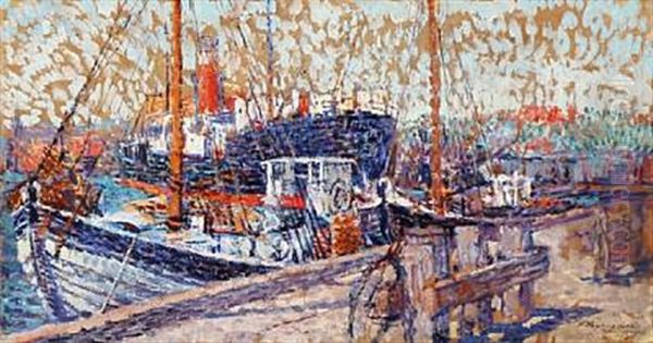 View From Svendborg Harbour Oil Painting by Konstantin Vikent'evich Dydyshko