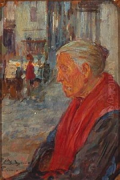 An Elderly Woman With A Red Shawl Oil Painting by Konstantin Vikent'evich Dydyshko