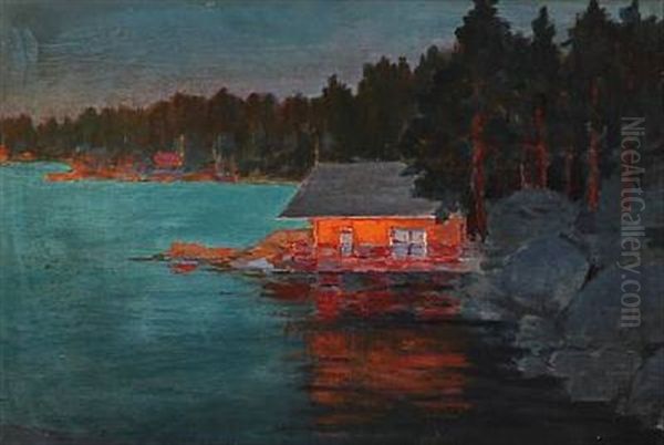 Bathing House At A Forest Lake In The Evening Sun by Konstantin Vikent'evich Dydyshko