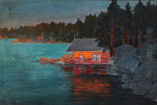 Bathing House At A Forest Lake In The Evening Sun by Konstantin Vikent'evich Dydyshko