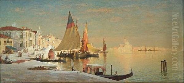 A View Of The Venetian Lagoon With Figures On The Riva Degli Schiavoni Oil Painting by Charles J.G. Dyer