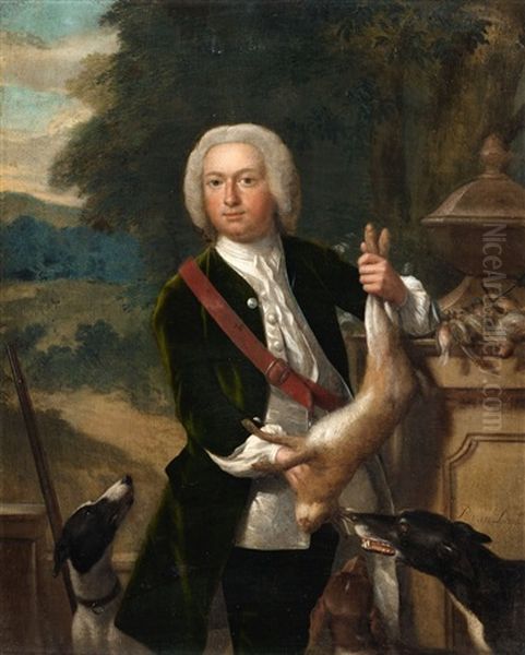 A Portrait Of Baron Van Nieuwvliet As A Hunter (+  A Portrait Of Baroness Van Nieuwvliet In A Landscape; Pair) Oil Painting by Philip van Dyk