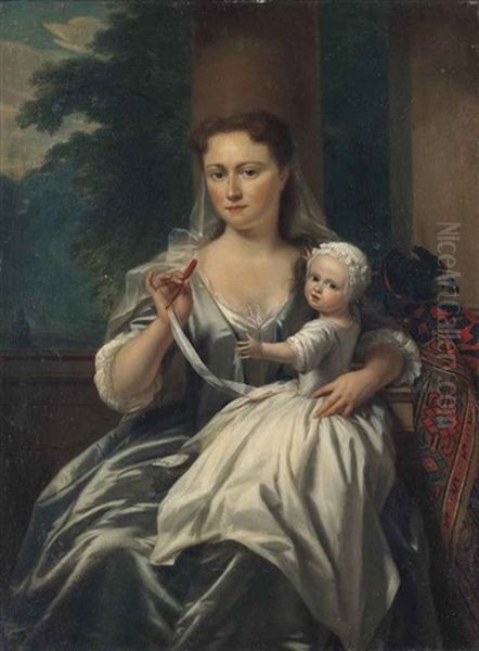 Portrait Of A Lady And Her Child, Three-quarter-length, In A Grey Dress, A Landscape Beyond Oil Painting by Philip van Dyk