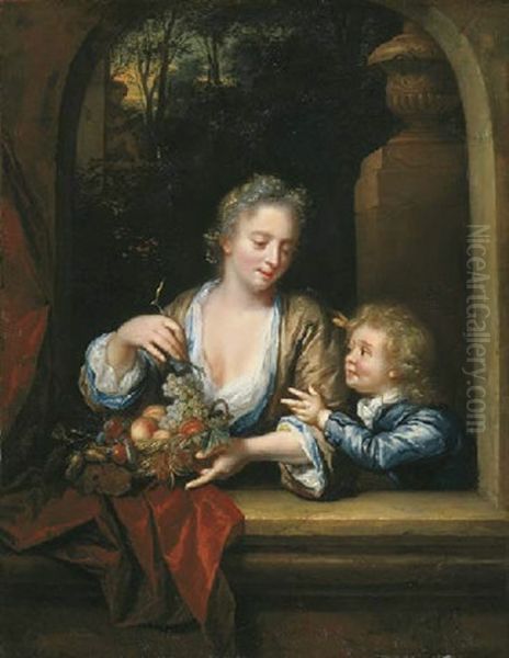 A Mother And Child With A Basket Of Fruit At A Casement Oil Painting by Philip van Dyk