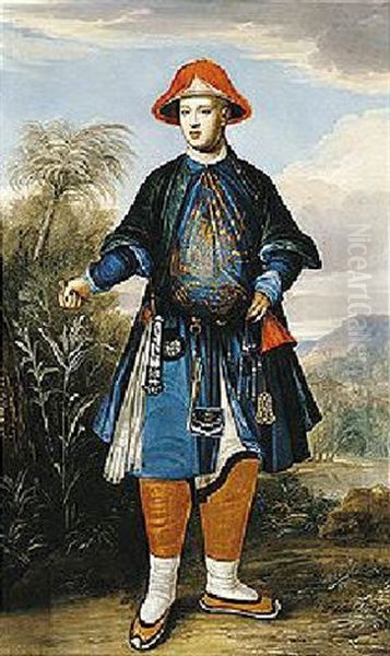 Portrait Of A Member Of The Hoste Or Henley Family In Chinese Dress, Standing In A Landscape Oil Painting by Philip van Dyk