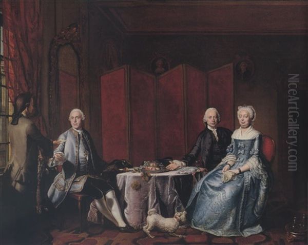 A Domestic Interior With Elegant Figures Seated Around A Table, A Servant Bringing A Letter To His Master Oil Painting by Philip van Dyk