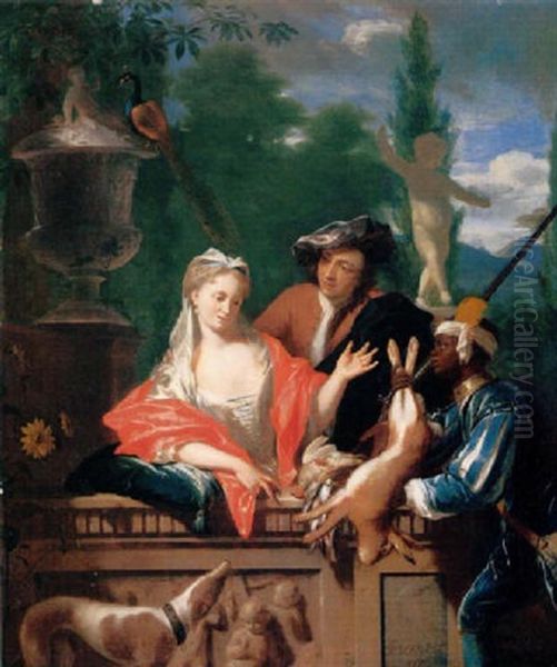 A Gentleman And His Negro Page Presenting A Hare To A Young Lady Oil Painting by Philip van Dyk