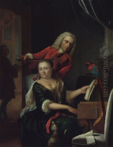 A Domestic Interior Scene With A Violinist Accompanied By A Woman At The Virginals, A Parrot Perched Beside Them Oil Painting by Philip van Dyk