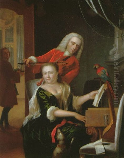 Portrait Of A Lady Seated At The Virginals Wearing A Green Satin Dress With A Gentleman Playing The Violin, A Parrot On A Perch, A Servant Standing In A Door With An Organ Beyond Oil Painting by Philip van Dyk