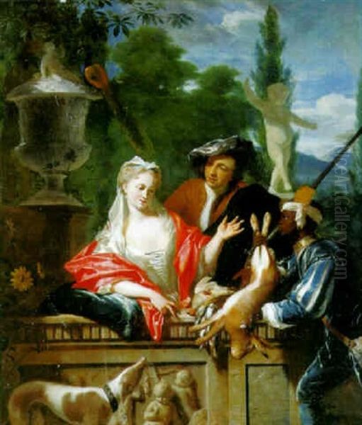 A Sportsman And His Page Presenting Dead Game To An Elegant Lady Oil Painting by Philip van Dyk