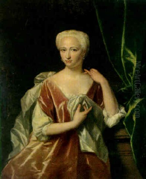 Portrait Of A Lady, Three Quarter Length, Resting Her Arm On A Stone Pedestal Oil Painting by Philip van Dyk