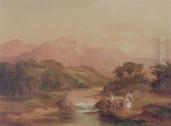 Figures By A Stream Oil Painting by Samuel P. Dyke