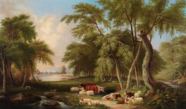 Pastoral Landscape With Cattle And Sheep Oil Painting by Joseph Dynes