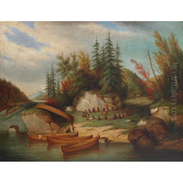 Indian Council Meeting By Big Rock Oil Painting by Joseph Dynes