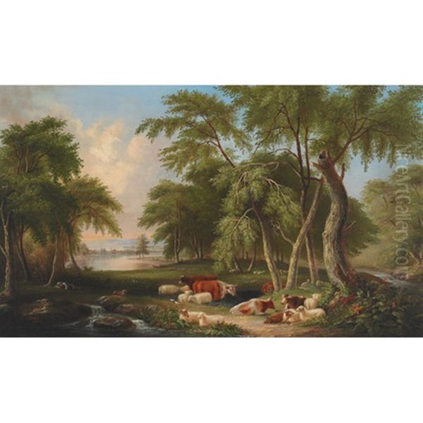 Pastoral Landscape With Cattle And Sheep Oil Painting by Joseph Dynes