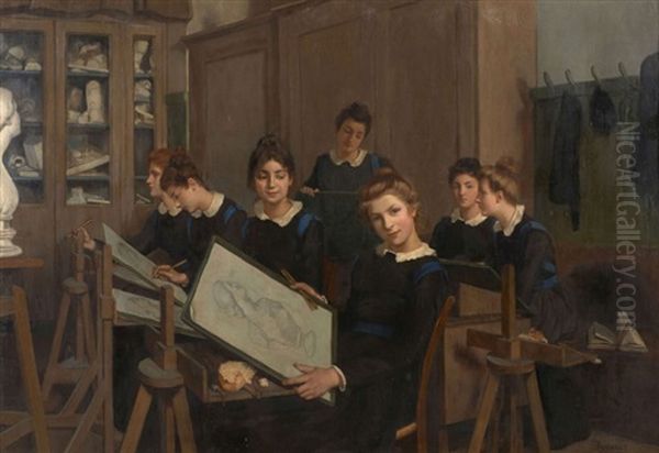 Sept Jeunes Filles Dans Un Atelier De Dessin Oil Painting by Edmond Dyonnet