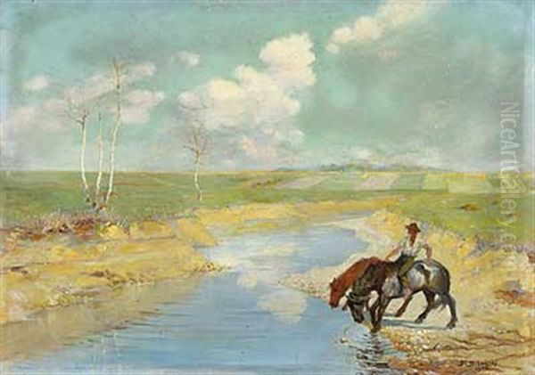 Vorfruhling Uber Furt Mit Reiter Oil Painting by Sixtus Z. von Dzbanski