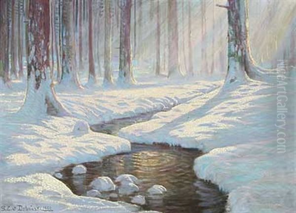 Bachlauf Im Von Sonne Erhellten Winterwald Oil Painting by Sixtus Z. von Dzbanski