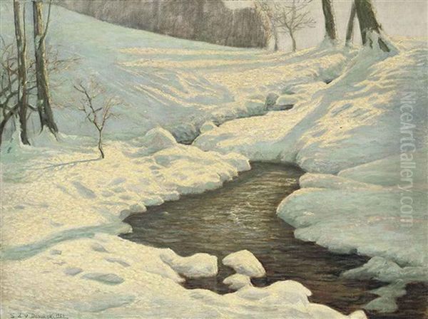 A Stream In The Snow Oil Painting by Sixtus Z. von Dzbanski