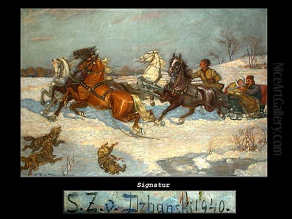 Wolfe Fallen Eine Trojka An Oil Painting by Sixtus Z. von Dzbanski