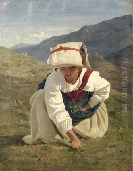 Girl Picking Flowers Oil Painting by Edmund Eagles