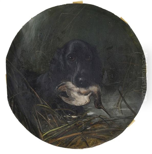 Flat-coated Retriever With Woodcock Oil Painting by George Earl