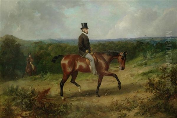 A Gentleman On A Bay Hunter In A Woodland Landscape by George Earl