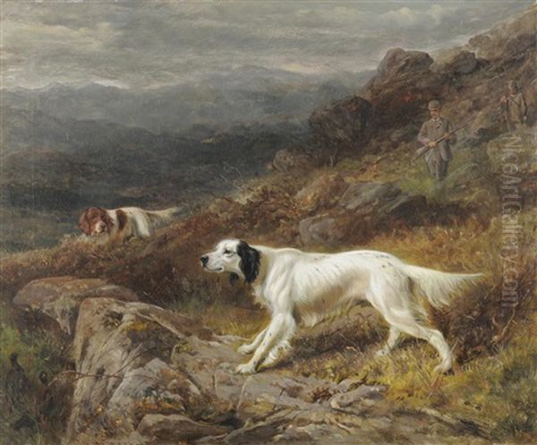 Gundogs And Sportsmen Shooting Upon A Moor, Mountains In The Distance Oil Painting by George Earl