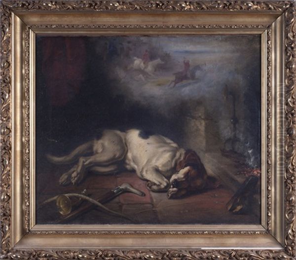 Foxhound Before A Fire, Dreaming Of The Hunt Oil Painting by George Earl