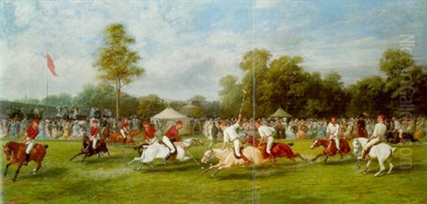 A Polo Match At Hurlingham Between The Royal Horse Guards And The Monmouthshire Team, Played On 7 July 1878 Oil Painting by George Earl