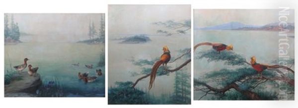 Golden Pheasant In Expansive Landscapes And Ducks In An Inslet: 3 Oil Painting by Maud Earl